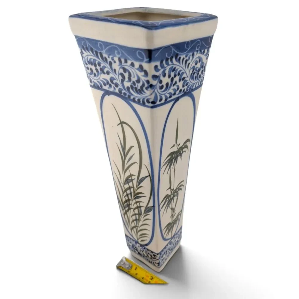 Tall Square Ceramic Vase Blue White Asian Style Bamboo Botanical 11 1/8